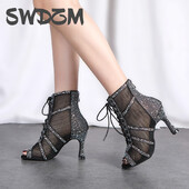 SWDZM Spīdīgi sieviešu deju zābaki Latīņamerikas džeza deju apavi Pilnīgi Rhinestone deju zābaki Pielāgojami papēži Sieviešu dāmu deju apavi