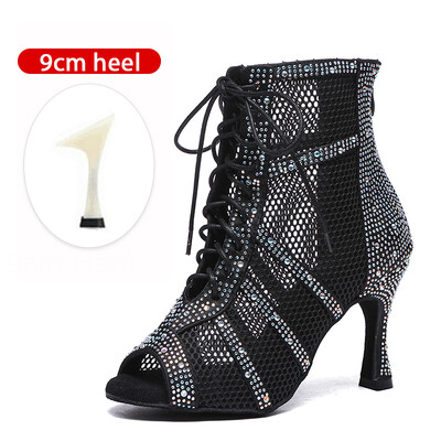 SWDZM Spīdīgi sieviešu deju zābaki Latīņamerikas džeza deju apavi Pilnīgi Rhinestone deju zābaki Pielāgojami papēži Sieviešu dāmu deju apavi