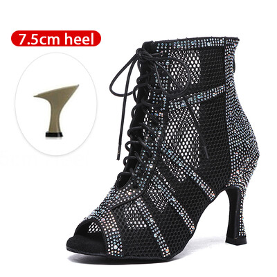 SWDZM Spīdīgi sieviešu deju zābaki Latīņamerikas džeza deju apavi Pilnīgi Rhinestone deju zābaki Pielāgojami papēži Sieviešu dāmu deju apavi