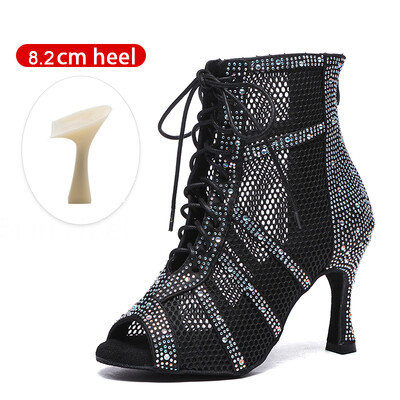 SWDZM Spīdīgi sieviešu deju zābaki Latīņamerikas džeza deju apavi Pilnīgi Rhinestone deju zābaki Pielāgojami papēži Sieviešu dāmu deju apavi