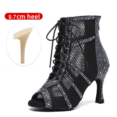 SWDZM Spīdīgi sieviešu deju zābaki Latīņamerikas džeza deju apavi Pilnīgi Rhinestone deju zābaki Pielāgojami papēži Sieviešu dāmu deju apavi