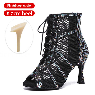 SWDZM Spīdīgi sieviešu deju zābaki Latīņamerikas džeza deju apavi Pilnīgi Rhinestone deju zābaki Pielāgojami papēži Sieviešu dāmu deju apavi