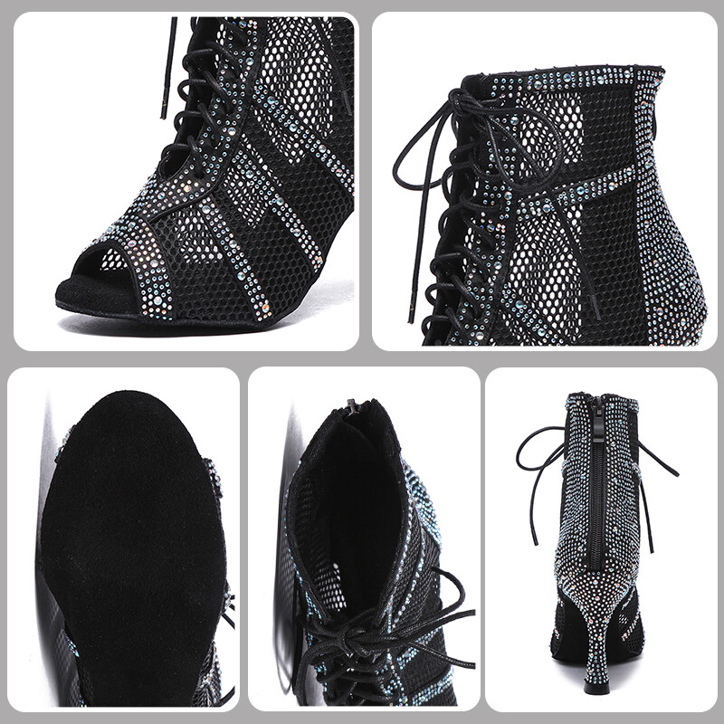 SWDZM Spīdīgi sieviešu deju zābaki Latīņamerikas džeza deju apavi Pilnīgi Rhinestone deju zābaki Pielāgojami papēži Sieviešu dāmu deju apavi