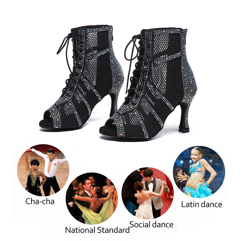 SWDZM Spīdīgi sieviešu deju zābaki Latīņamerikas džeza deju apavi Pilnīgi Rhinestone deju zābaki Pielāgojami papēži Sieviešu dāmu deju apavi