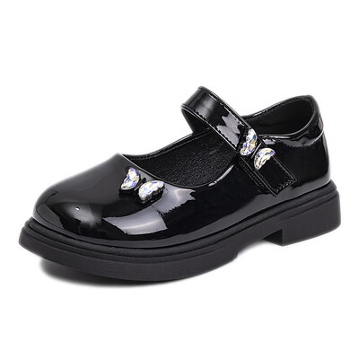 Bērnu apavi meitenēm Melni spīdīgi pavasara rudens uniforma skolas ādas apavi Pērles ar apaļiem purngaliem bērnu apavi Vienkāršs, viss atbilst