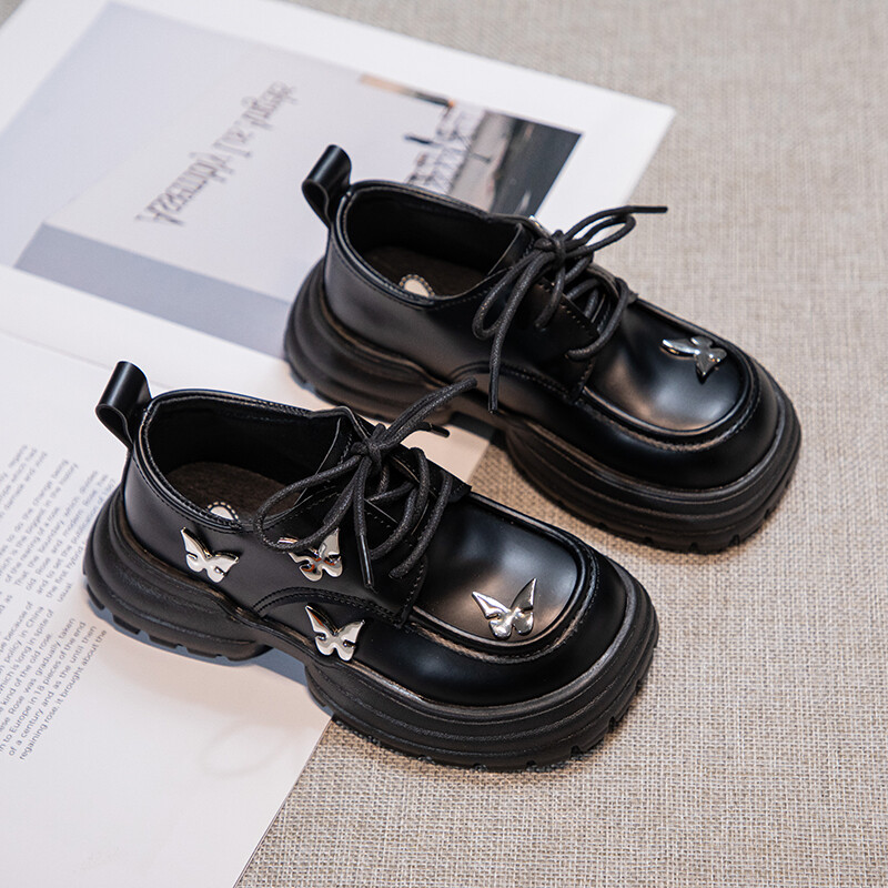 Laste mustad nahast kingad pulmapeoks Paksu tallaga laste printsessikingad liblikasõlmidega tüdrukute esinemiskingad