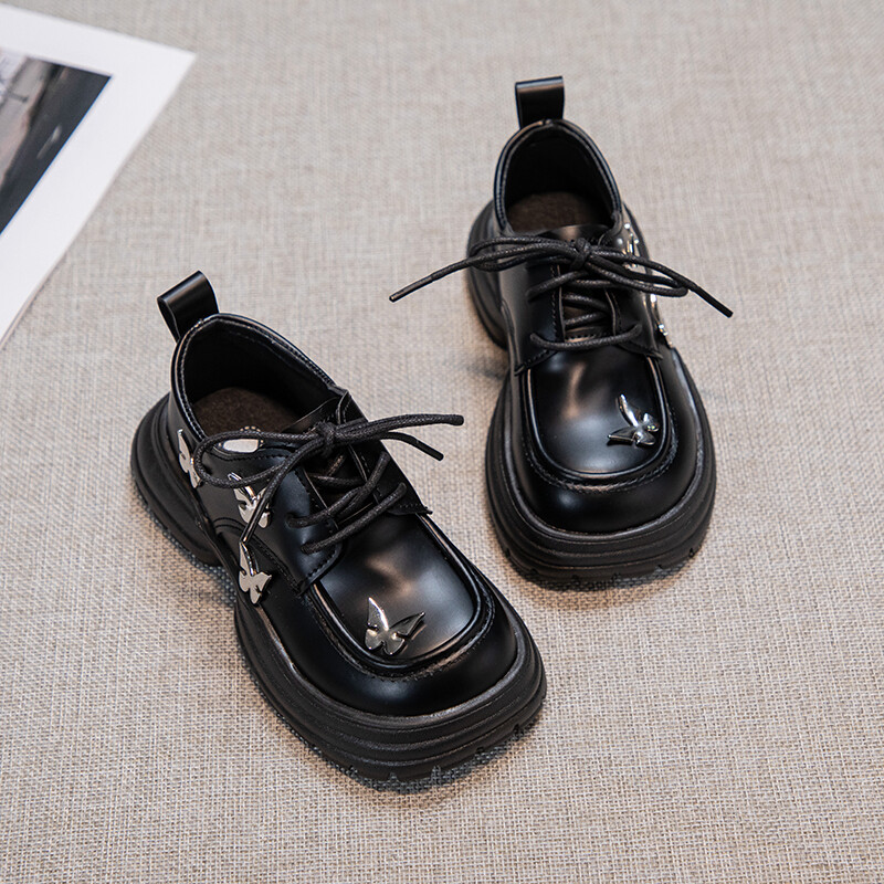 Laste mustad nahast kingad pulmapeoks Paksu tallaga laste printsessikingad liblikasõlmidega tüdrukute esinemiskingad