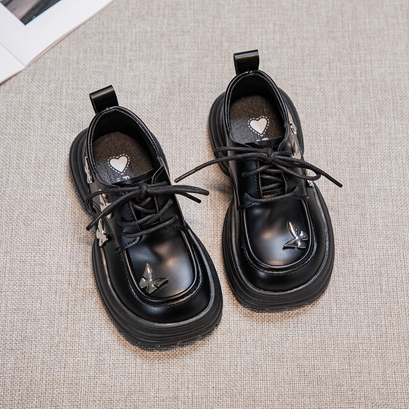 Laste mustad nahast kingad pulmapeoks Paksu tallaga laste printsessikingad liblikasõlmidega tüdrukute esinemiskingad