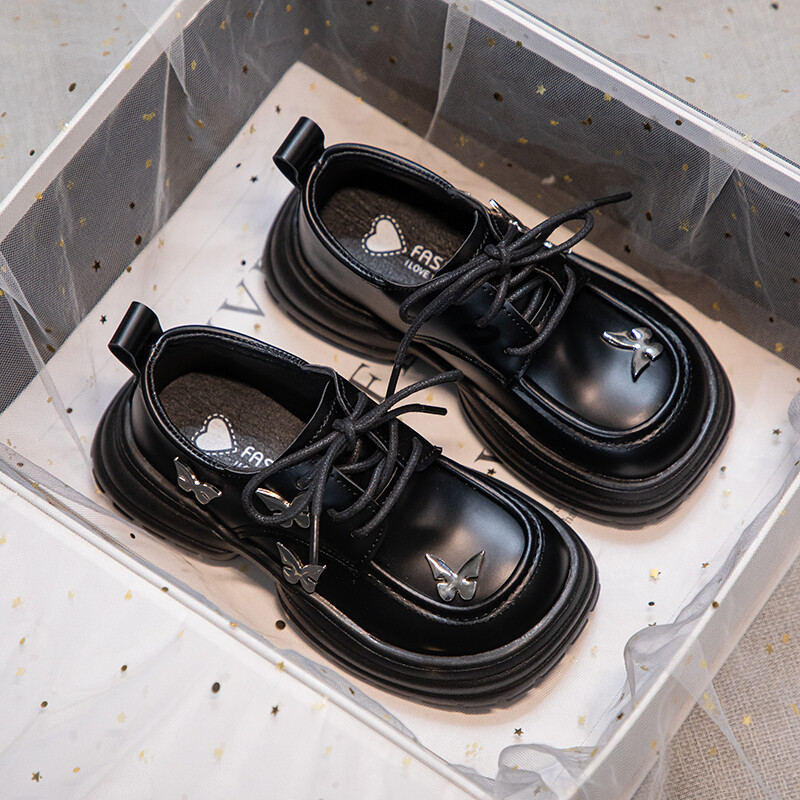 Laste mustad nahast kingad pulmapeoks Paksu tallaga laste printsessikingad liblikasõlmidega tüdrukute esinemiskingad