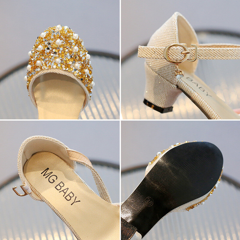 Little Fashion kõrge kontsaga sandaalid tüdrukutele suveks, uus stiil, pärlkristallide ja printsessidega lastekingad, kooli poolnahast kingad, performance kingad