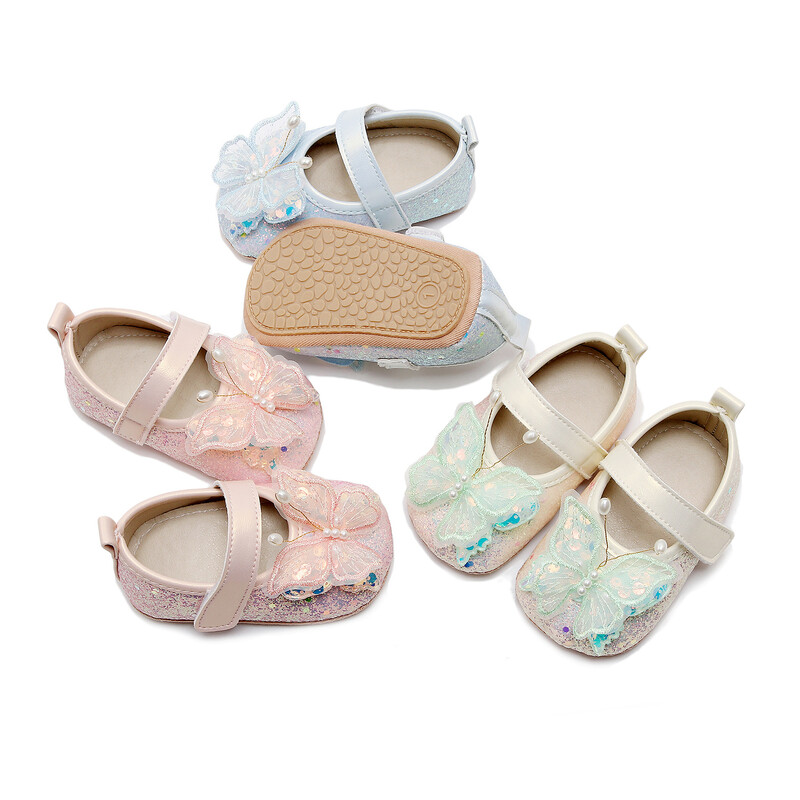 Fényes 3D Butterfly Princess ruha Cipők kislányoknak Glitters Flats Csúszásmentes kiságy cipő Sétacipők kisgyermekeknek csecsemőknek