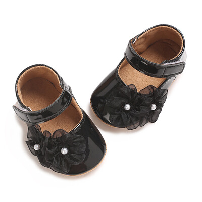 Újszülött kislány aranyos PU bőr lapos cipők hálós virágok dekoráció Prewalker csúszásgátló cipők Első Walker cipők csecsemőknek