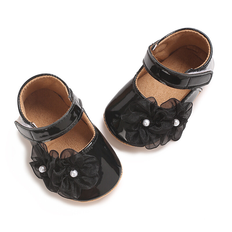 Újszülött kislány aranyos PU bőr lapos cipők hálós virágok dekoráció Prewalker csúszásgátló cipők Első Walker cipők csecsemőknek