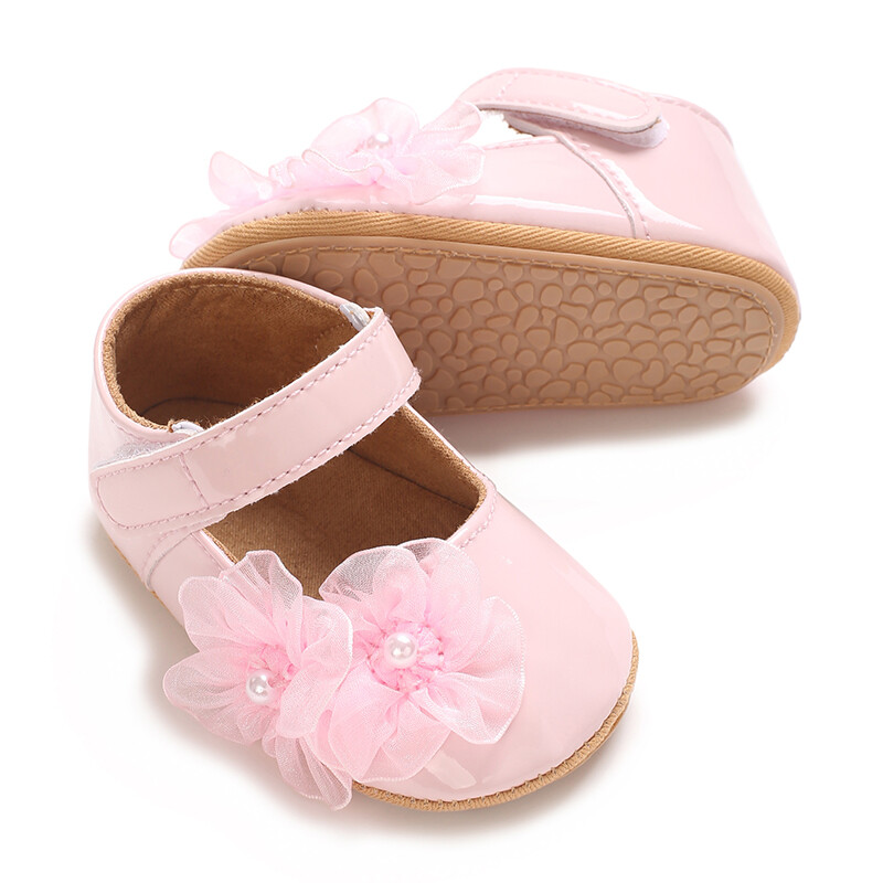 Újszülött kislány aranyos PU bőr lapos cipők hálós virágok dekoráció Prewalker csúszásgátló cipők Első Walker cipők csecsemőknek