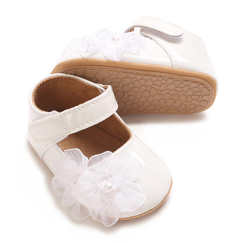 Újszülött kislány aranyos PU bőr lapos cipők hálós virágok dekoráció Prewalker csúszásgátló cipők Első Walker cipők csecsemőknek