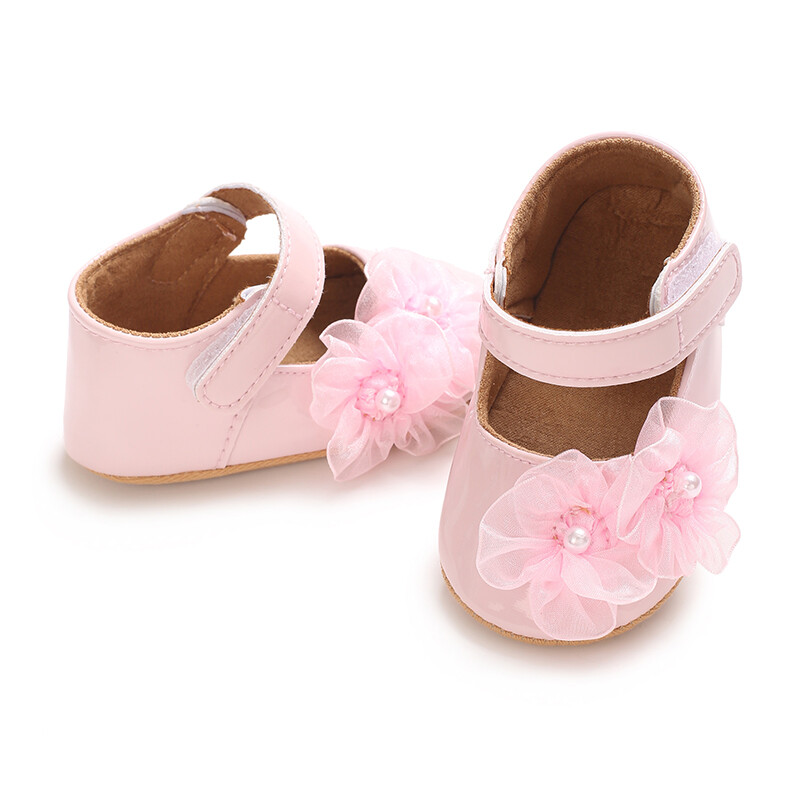 Újszülött kislány aranyos PU bőr lapos cipők hálós virágok dekoráció Prewalker csúszásgátló cipők Első Walker cipők csecsemőknek