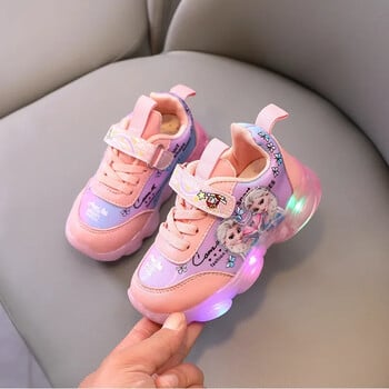 Disney LED casual αθλητικά παπούτσια για ανοιξιάτικα κορίτσια Frozen Elsa Princess Print Pu Δερμάτινα παπούτσια Παιδικά φωτισμένα αντιολισθητικά παπούτσια