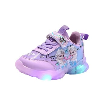 Disney LED casual αθλητικά παπούτσια για ανοιξιάτικα κορίτσια Frozen Elsa Princess Print Pu Δερμάτινα παπούτσια Παιδικά φωτισμένα αντιολισθητικά παπούτσια