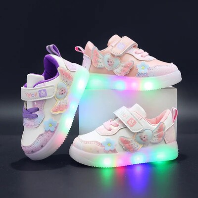 Disney LED ежедневни розово лилави за пролетни момичета Frozen Elsa Princess Print Outdoor Children Lighted Nonflip Shoes Size 22-31