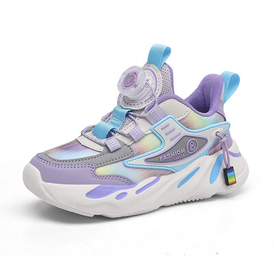 Jaunas bērnu kedas meitenēm Ādas āra bērnu skriešanas apavi Ikdienas plakani pastaigu apavi ar grozāmu pogu dizainu