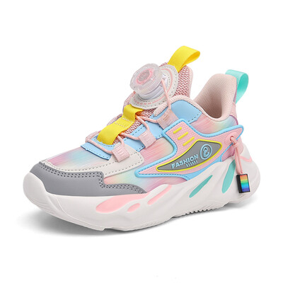 Jaunas bērnu kedas meitenēm Ādas āra bērnu skriešanas apavi Ikdienas plakani pastaigu apavi ar grozāmu pogu dizainu