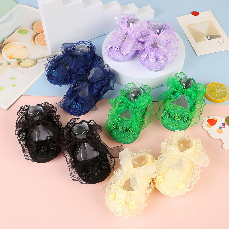 Újszülött hercegnő puha talpú első sétáló csecsemő lány csipkés csúszásgátló cipő buliba esküvőre, totyogó kiságy pamut előjáró 0-18M