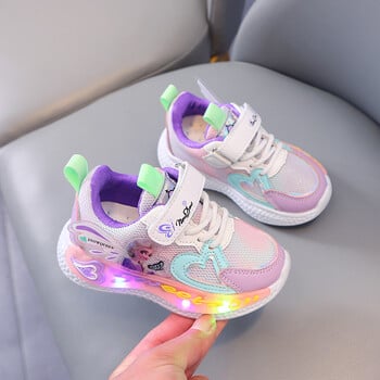 Disney Children Led Shoes Kids Girls Sneakers Frozen Elsa Princess Lighting Shoes Pink Purple Ежедневни спортни обувки Размер 21-31