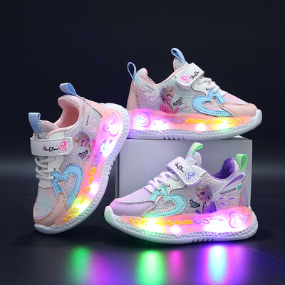 Disney Children Led Shoes Kids Girls Sneakers Frozen Elsa Princess Lighting Shoes Pink Purple Ежедневни спортни обувки Размер 21-31