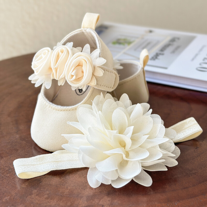 2 gab. Meiteņu plakanas kurpes ar ziedu dekoru Princeses gultiņas apavi First Walker Shoes un galvas saite jaundzimušajam