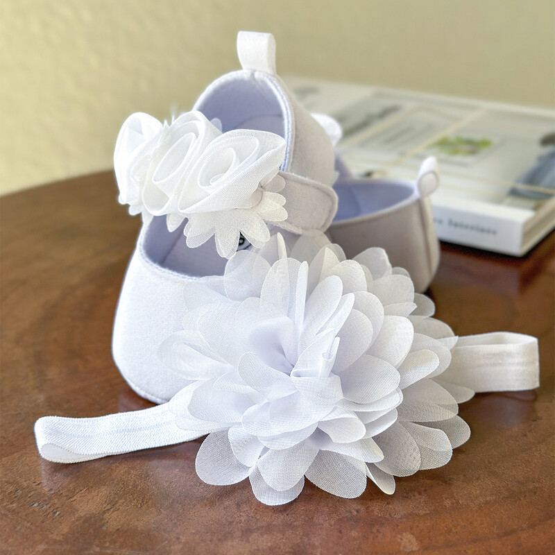 2 gab. Meiteņu plakanas kurpes ar ziedu dekoru Princeses gultiņas apavi First Walker Shoes un galvas saite jaundzimušajam