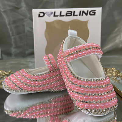 Dollbling ar rokām darinātas baltas pērles Bling Rhinestone bērnu gultiņas kurpes kristību apģērbs kāzu dzirksti organza kristības 0-3 m apavi