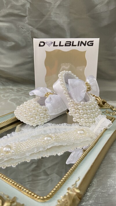 Dollbling ar rokām darinātas baltas pērles Bling Rhinestone bērnu gultiņas kurpes kristību apģērbs kāzu dzirksti organza kristības 0-3 m apavi