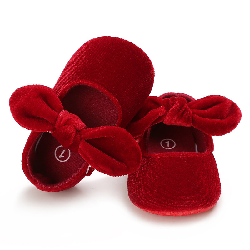 Jaundzimušo zīdaiņu meiteņu apavi samta sarkani Ziemassvētki 0-18 M Princeses meitenes apavi ar banti, pirmie staigulīši