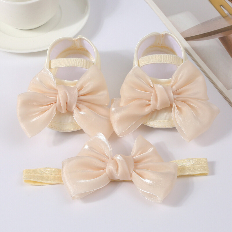 Princeses Bowknot Baby Girls kristību apavi ar galvas saiti, jauki, spīdīgi Mary Jane Flats un matu lente, mīksta zole, pirmie bērnu staigātāji