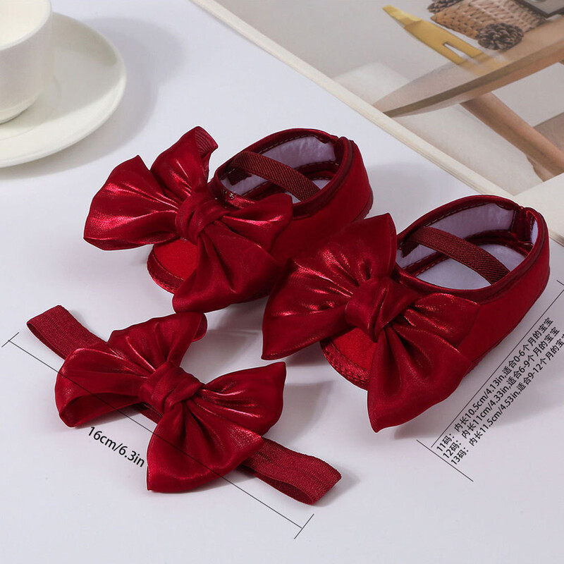 Princeses Bowknot Baby Girls kristību apavi ar galvas saiti, jauki, spīdīgi Mary Jane Flats un matu lente, mīksta zole, pirmie bērnu staigātāji