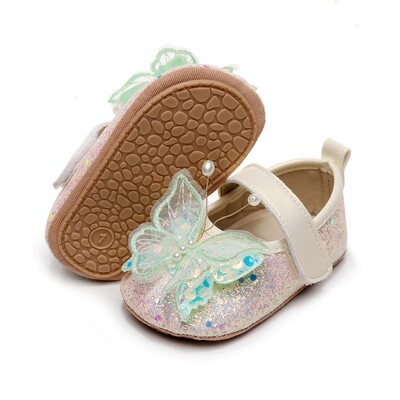 Princesės mergaitės suknelės batai minkštu padu guma neslysta First Walker Shiny 3D Butterfly Mary Jane Flats neslystantys lovelės batai