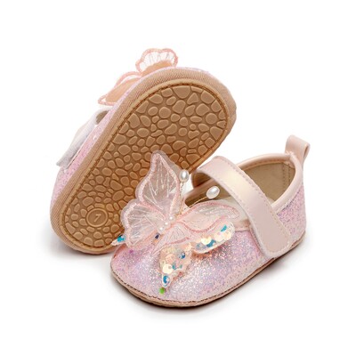 Princesės mergaitės suknelės batai minkštu padu guma neslysta First Walker Shiny 3D Butterfly Mary Jane Flats neslystantys lovelės batai