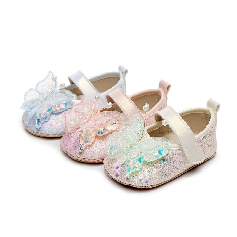 Princess kislány ruha cipők puha talpú gumi csúszásgátló First Walker fényes 3D pillangó Mary Jane Flats csúszásmentes kiságy cipő