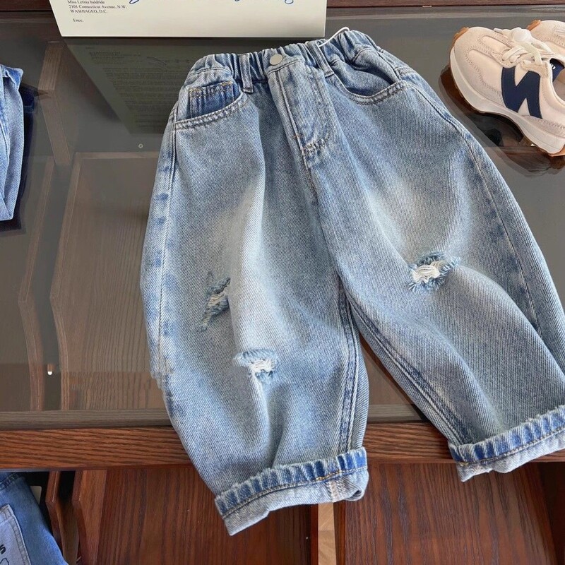 Pavasara un rudens zēnu džinsi Jauni, moderni, vienkārši, brīvi, ikdienišķi taisni cauruļu bikses bērnu bikses