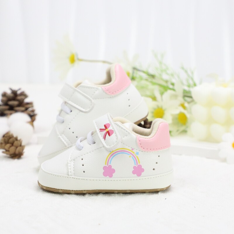 Csecsemő totyogó cipők, szivárványos és masnis kialakítású baba tornacipők, könnyű és csúszásmentes, alkalmas mindennapi és nyaralási viseletre, minden tengeren