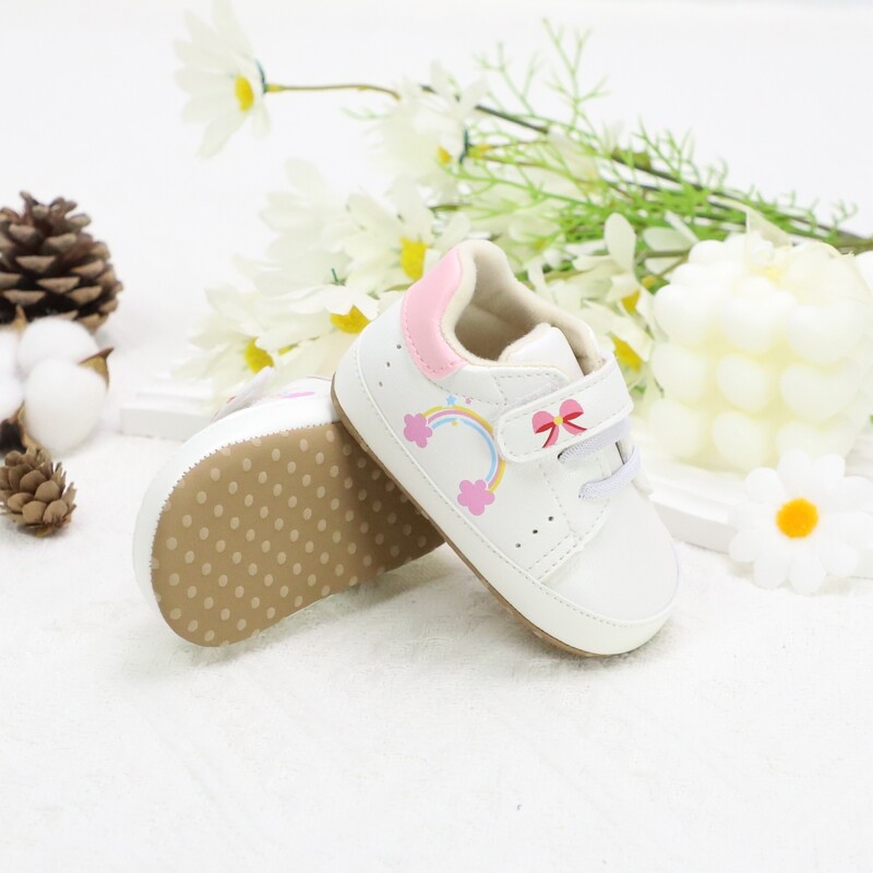 Csecsemő totyogó cipők, szivárványos és masnis kialakítású baba tornacipők, könnyű és csúszásmentes, alkalmas mindennapi és nyaralási viseletre, minden tengeren