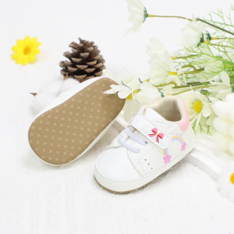 Csecsemő totyogó cipők, szivárványos és masnis kialakítású baba tornacipők, könnyű és csúszásmentes, alkalmas mindennapi és nyaralási viseletre, minden tengeren