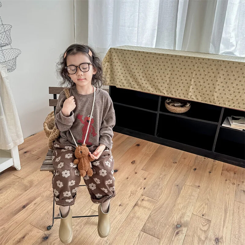 7181. bērnu bikses 2023. gada rudenī, jaunas korejiešu meiteņu bikses, kokvilnas, ikdienas bikses ar ziedu apdruku, 1–7 gadu bērnu bikses