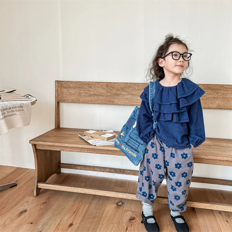 7181. bērnu bikses 2023. gada rudenī, jaunas korejiešu meiteņu bikses, kokvilnas, ikdienas bikses ar ziedu apdruku, 1–7 gadu bērnu bikses