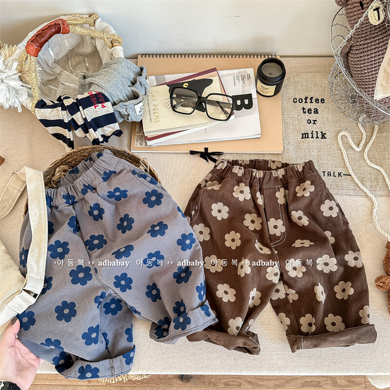 7181. bērnu bikses 2023. gada rudenī, jaunas korejiešu meiteņu bikses, kokvilnas, ikdienas bikses ar ziedu apdruku, 1–7 gadu bērnu bikses