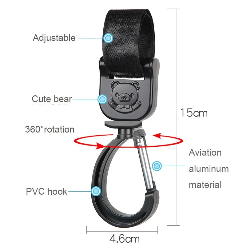 Babakocsi kampók Forgatható akasztótáska 360 fokban kosárrendező tárolótáska akasztó Univerzális kültéri babakocsi kiegészítők