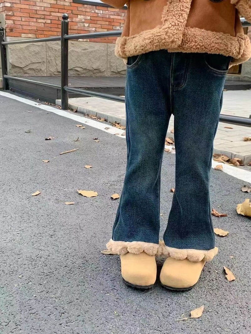 Mergaičių kelnės Vilnos džinsai Nauji rudens žieminiai rūbai mergaitėms Kasdieniai stilingi vilnoniai išoriniai drabužiai platėjančios kelnės poilsio drabužiai