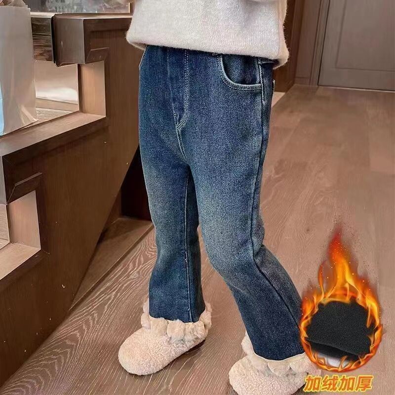 Mergaičių kelnės Vilnos džinsai Nauji rudens žieminiai rūbai mergaitėms Kasdieniai stilingi vilnoniai išoriniai drabužiai platėjančios kelnės poilsio drabužiai
