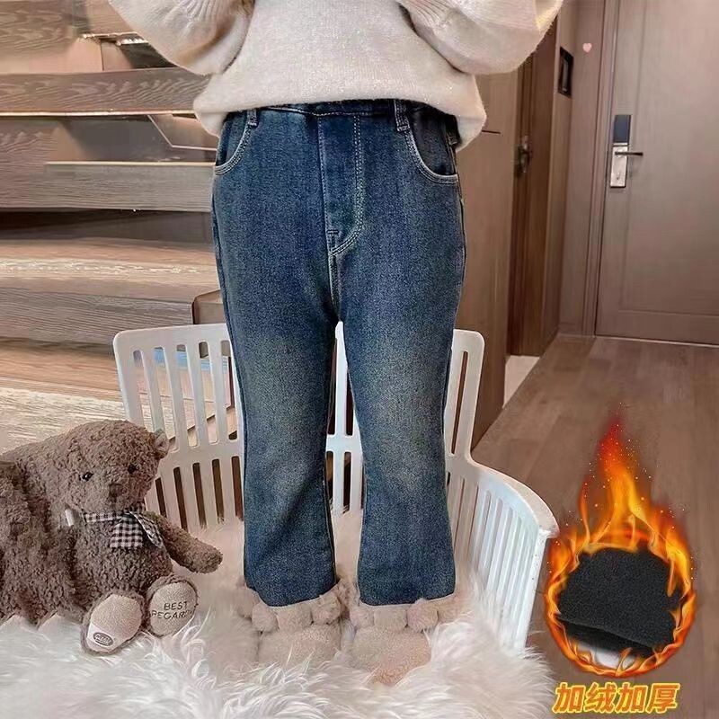 Mergaičių kelnės Vilnos džinsai Nauji rudens žieminiai rūbai mergaitėms Kasdieniai stilingi vilnoniai išoriniai drabužiai platėjančios kelnės poilsio drabužiai