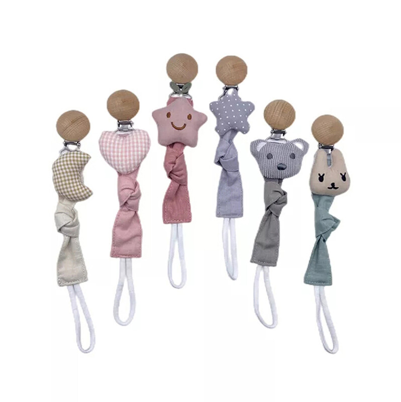 3 vnt kūdikių čiulptuko segtukas, muslino audinio grandinėlė su mediniu segtukų laikikliu, kūdikių manekeno čiulptuko dantukų žaislų laikikliu